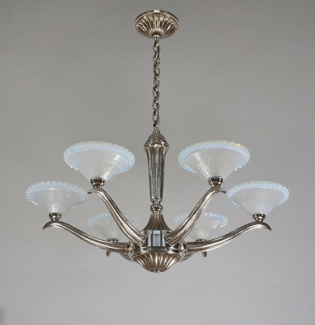 EZAN EJG J.GAUTHIER : LARGE FRENCH OPALESCENT ART DECO CHANDELIER ... 1930 1935