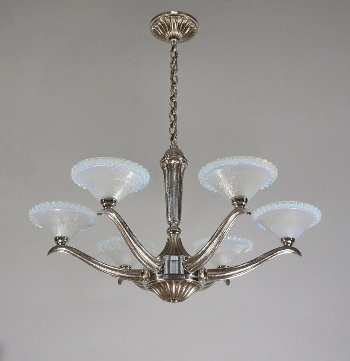 EZAN EJG J.GAUTHIER : LARGE FRENCH OPALESCENT ART DECO CHANDELIER ... 1930 1935