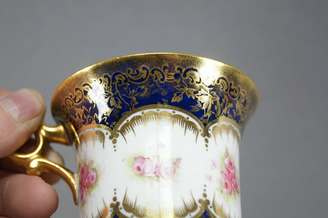 Paragon Pink Roses Cobalt & Gold Empire Form Chocolate Cup & Saucer Circa 1907