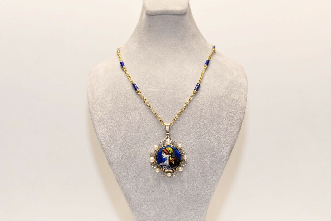 ヴィンテージ 14K エナメル パール 女性像のネックレス