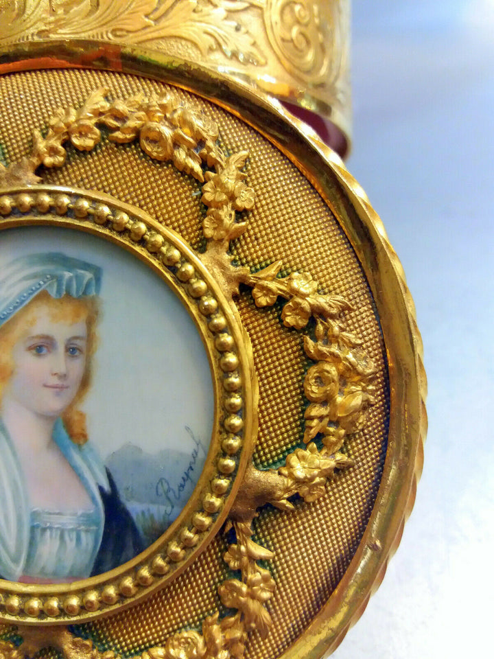 Antique French Gilt Bronze Jewelry Box with Miniature Portrait