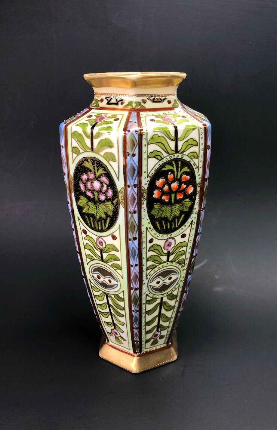 Early 9” NIPPON Noritake Porcelain Beaded Moriage Enamel Floral Art Vase Signed