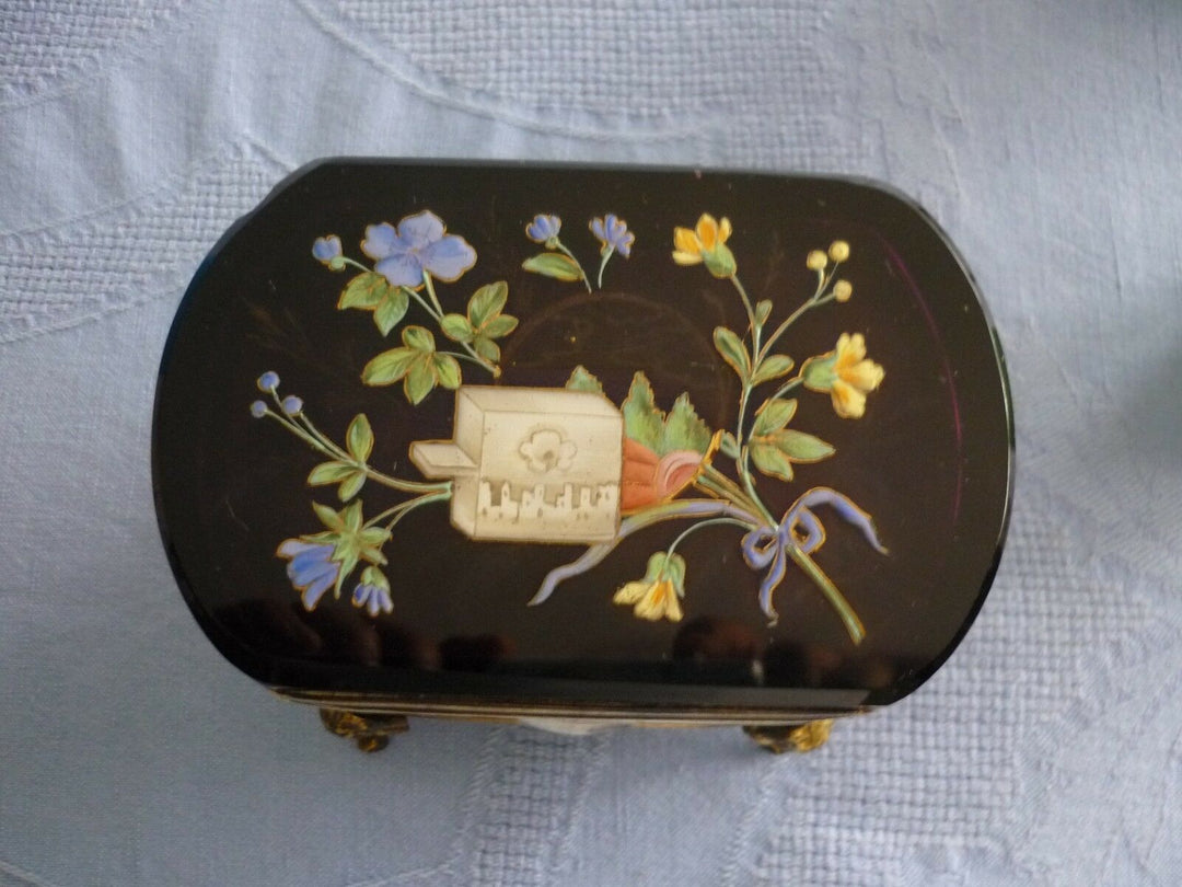 Antique Huge French Glass Casket Trinket Box Hand Enameled 1840 Circa Amethyst