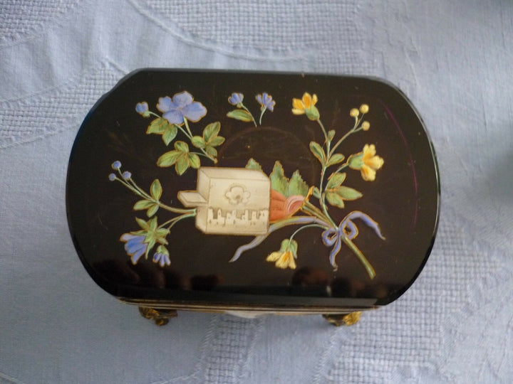 Antique Huge French Glass Casket Trinket Box Hand Enameled 1840 Circa Amethyst