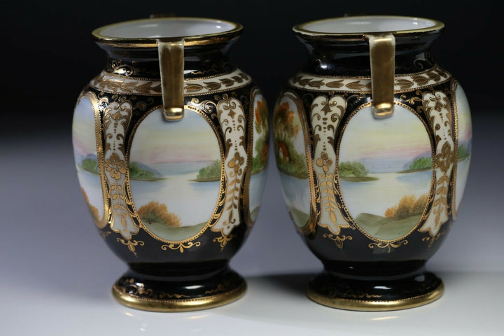 Pair of Art Deco Noritake Handled Vase Embellished Beads & Gilt Hand Painted