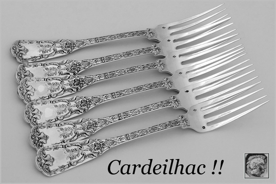 Cardeilhac French Sterling Silver Dinner Forks Set 6 Pc Neoclassical