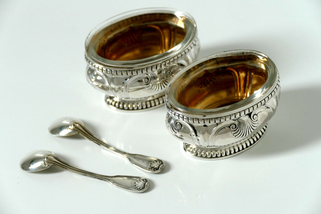 Puiforcat Gorgeous French Sterling Silver 18K Gold Salt Cellars Pair w/spoons