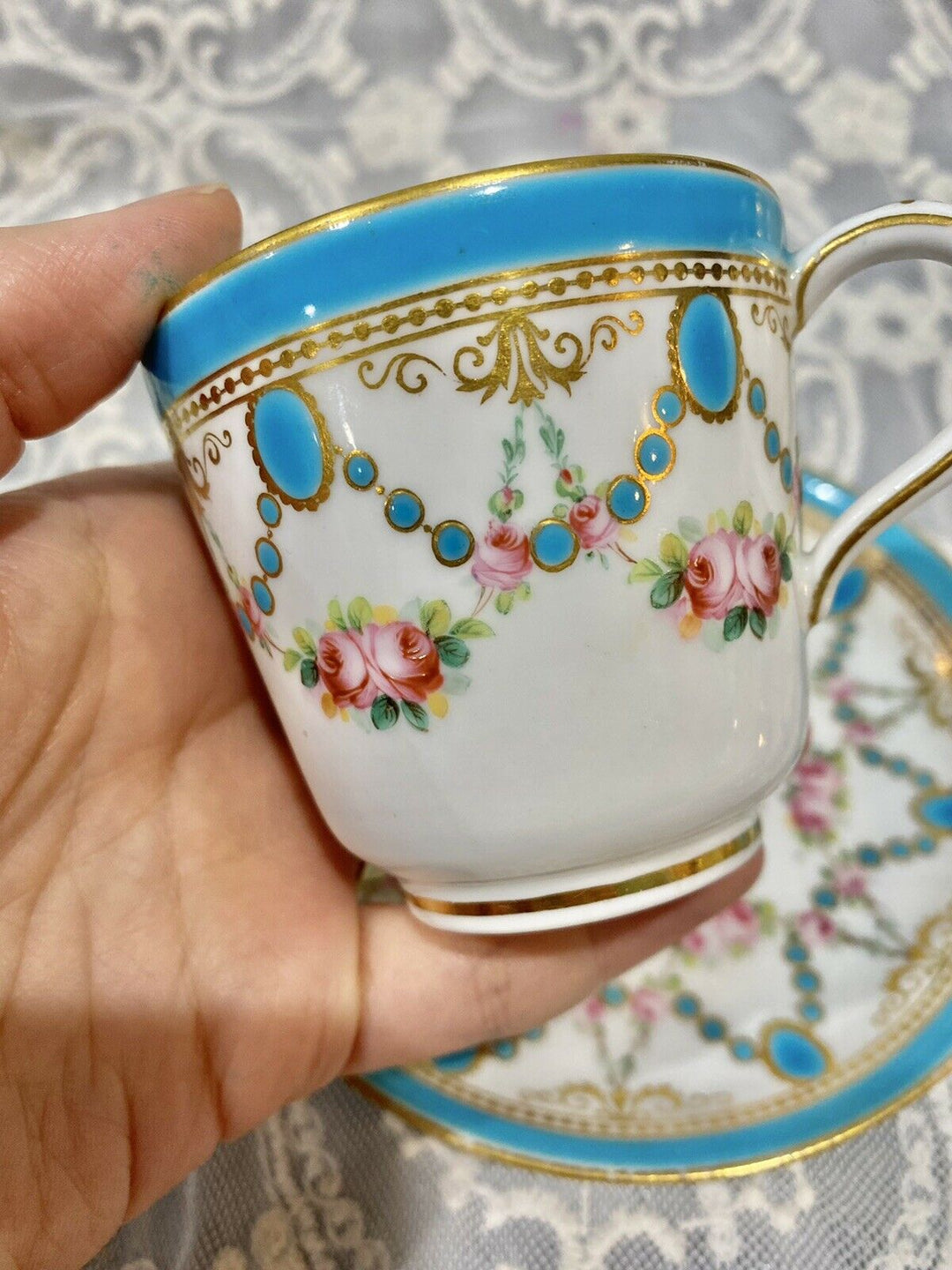 Minton Hand Painted Turquoise Rose Gold Enamel Tea Cup Saucer Set