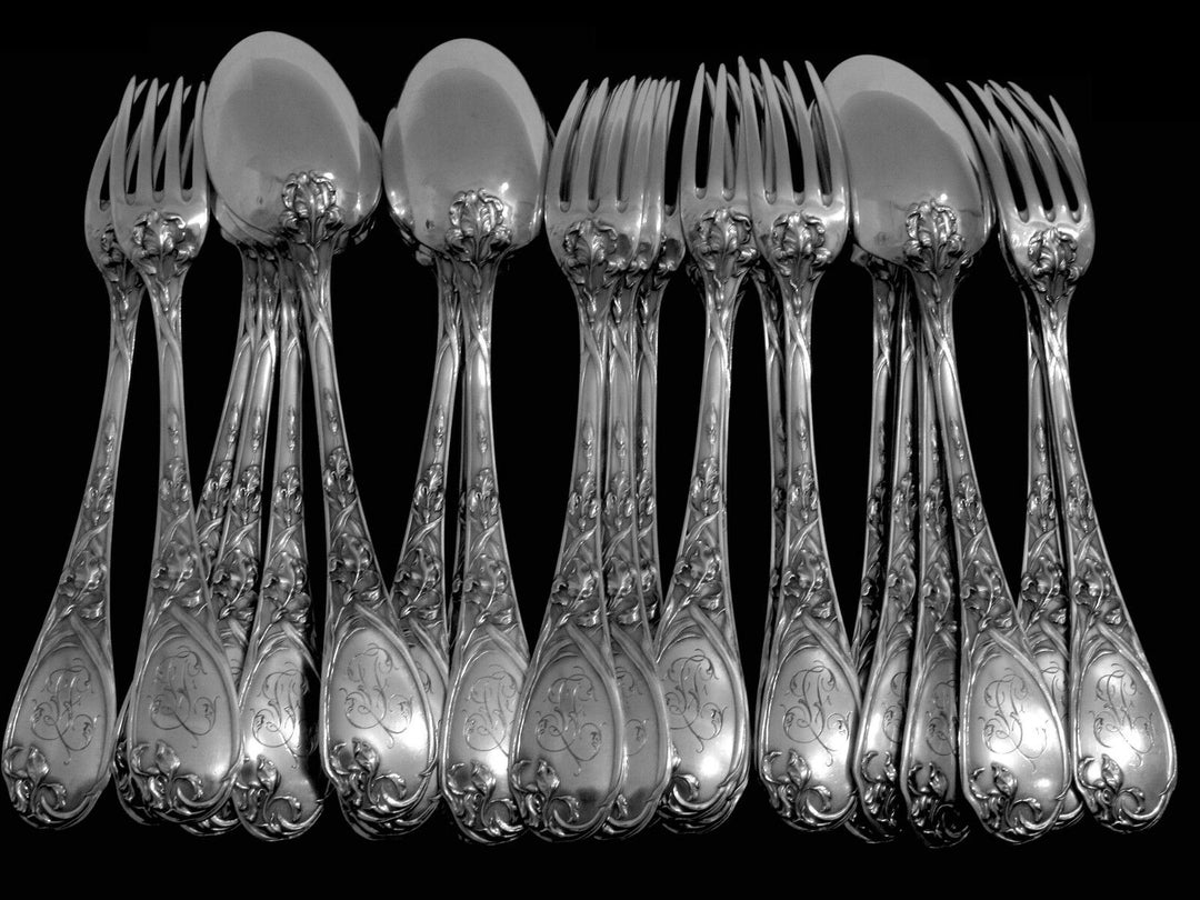 Puiforcat French Sterling Silver Dinner Flatware Set 25 pc Iris w/box