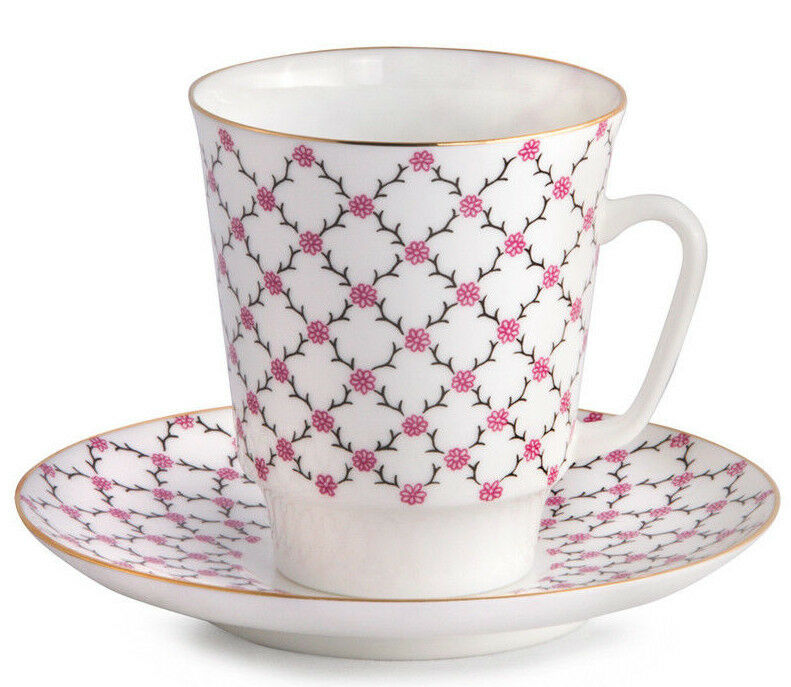 Bone China Teacup & Saucer by Imperial Porcelain Russian Lomonosov LFZ PINK NET