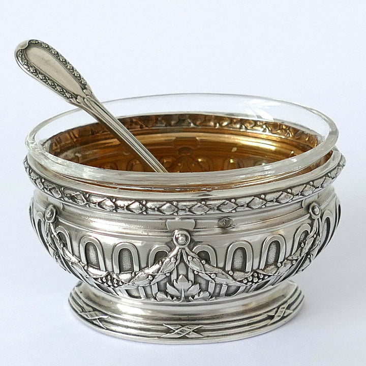 Puiforcat French Sterling Silver 4 Salt Cellars, Spoons, Box, Neoclassical