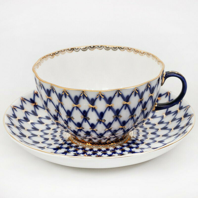 Cobalt Net Teacup, Saucer, Plate Set by Imperial Porcelain Russian Lomonosov LFZ