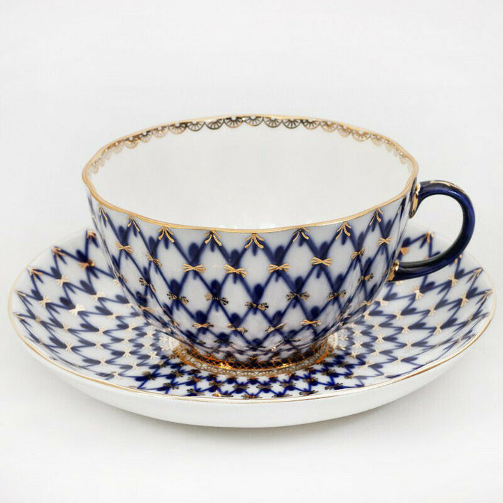 Cobalt Net Teacup, Saucer, Plate Set by Imperial Porcelain Russian Lomonosov LFZ