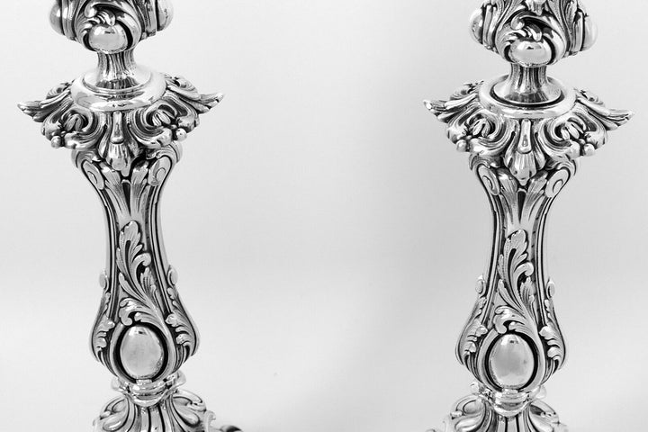 Antique French Sterling Silver Candlesticks Pair, 12"2