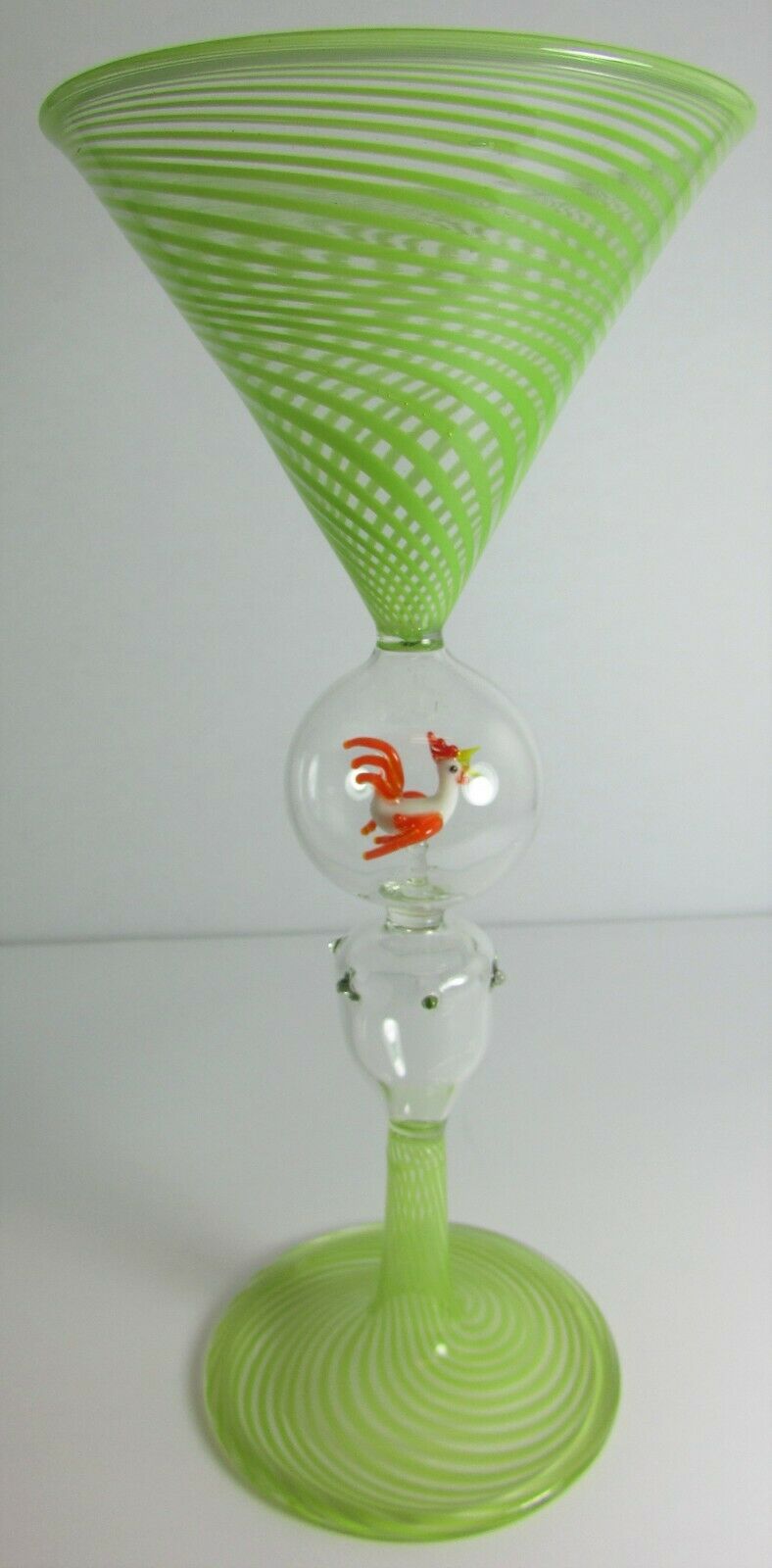 GREEN SWIRL BOWL AND FOOT ORANGE/WHITE ROOSTER BIMINI WERKSTATTE MARTINI GLASS