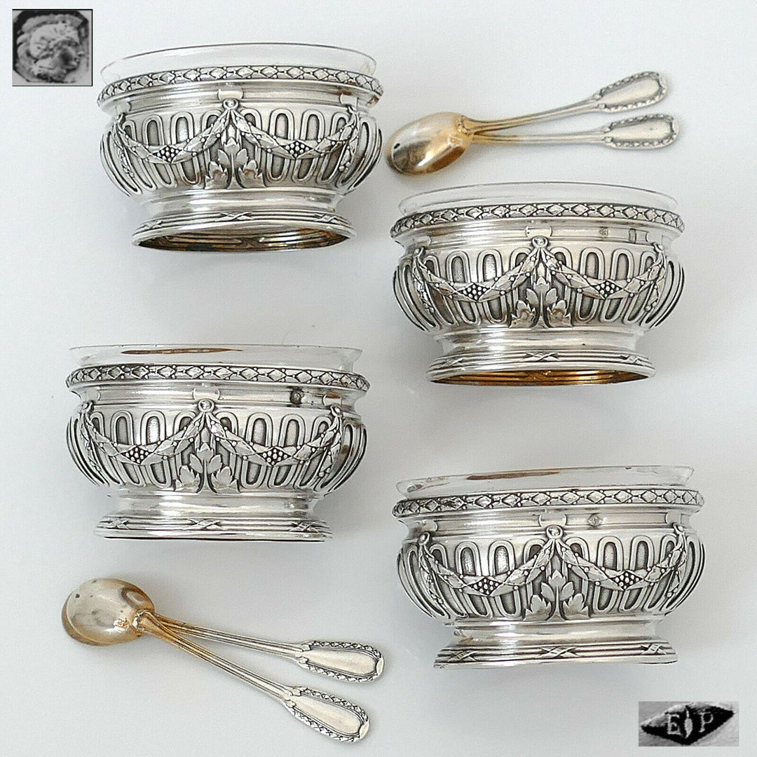 Puiforcat French Sterling Silver 4 Salt Cellars, Spoons, Box, Neoclassical