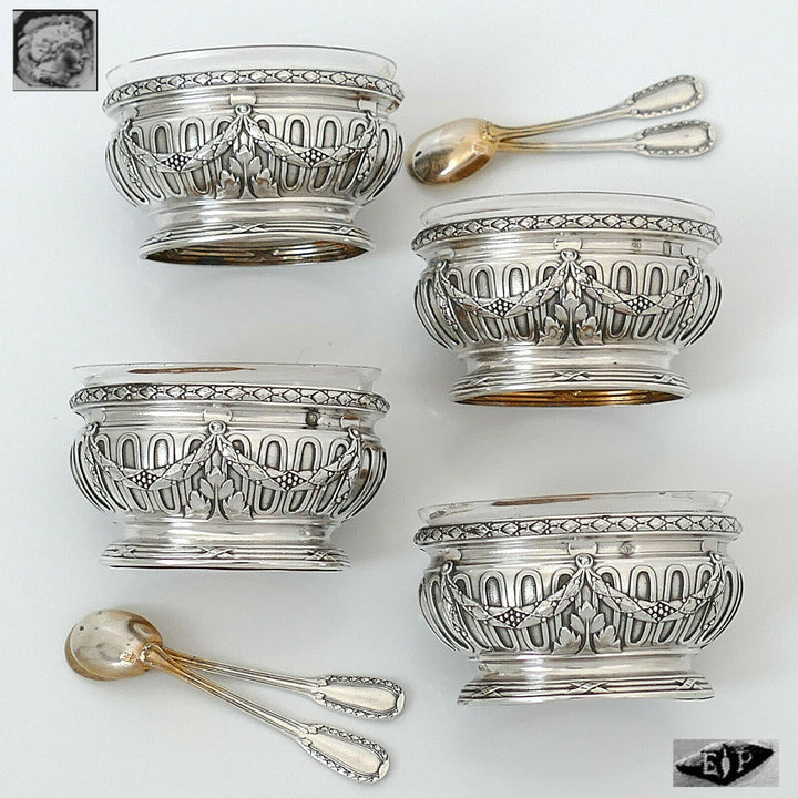 Puiforcat French Sterling Silver 4 Salt Cellars, Spoons, Box, Neoclassical