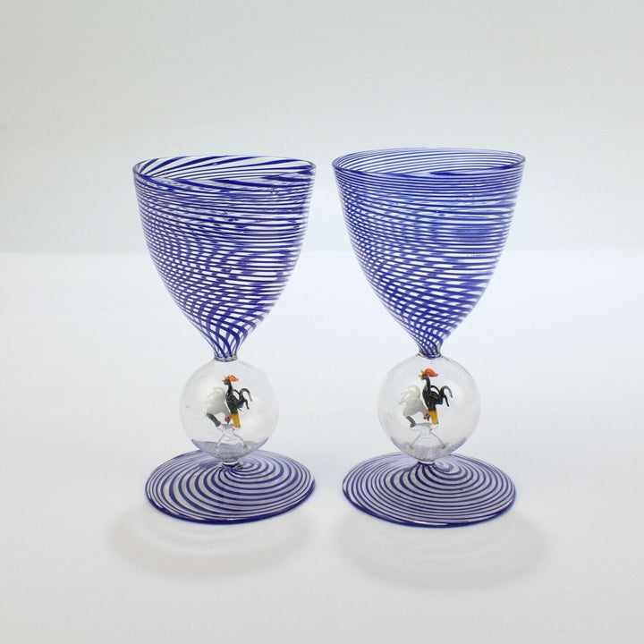 Pair of 2 Bimini Austrian Blue Swirl Wine or Cocktail Glasses - Lampwork Deco GL
