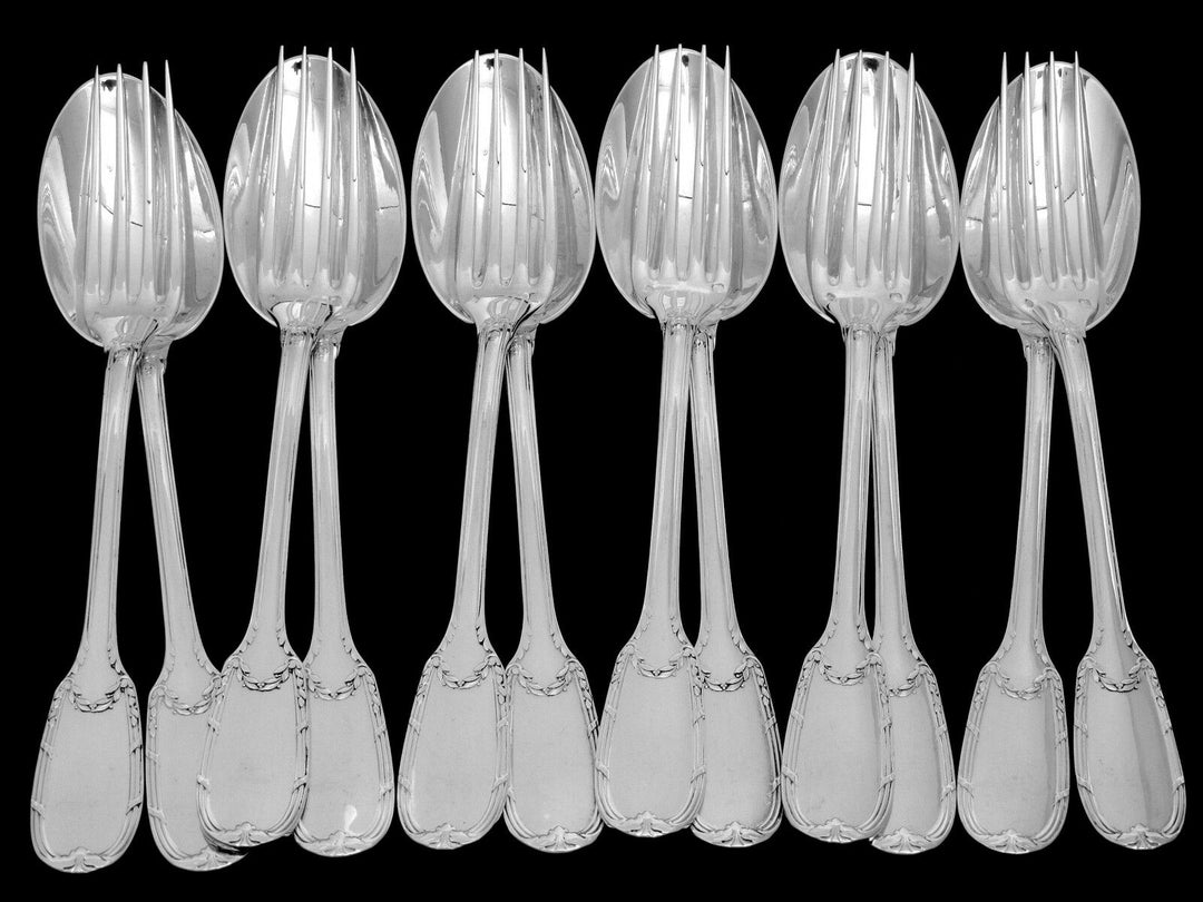Puiforcat French Sterling Silver Dessert Flatware Set 12 pc Neoclassical