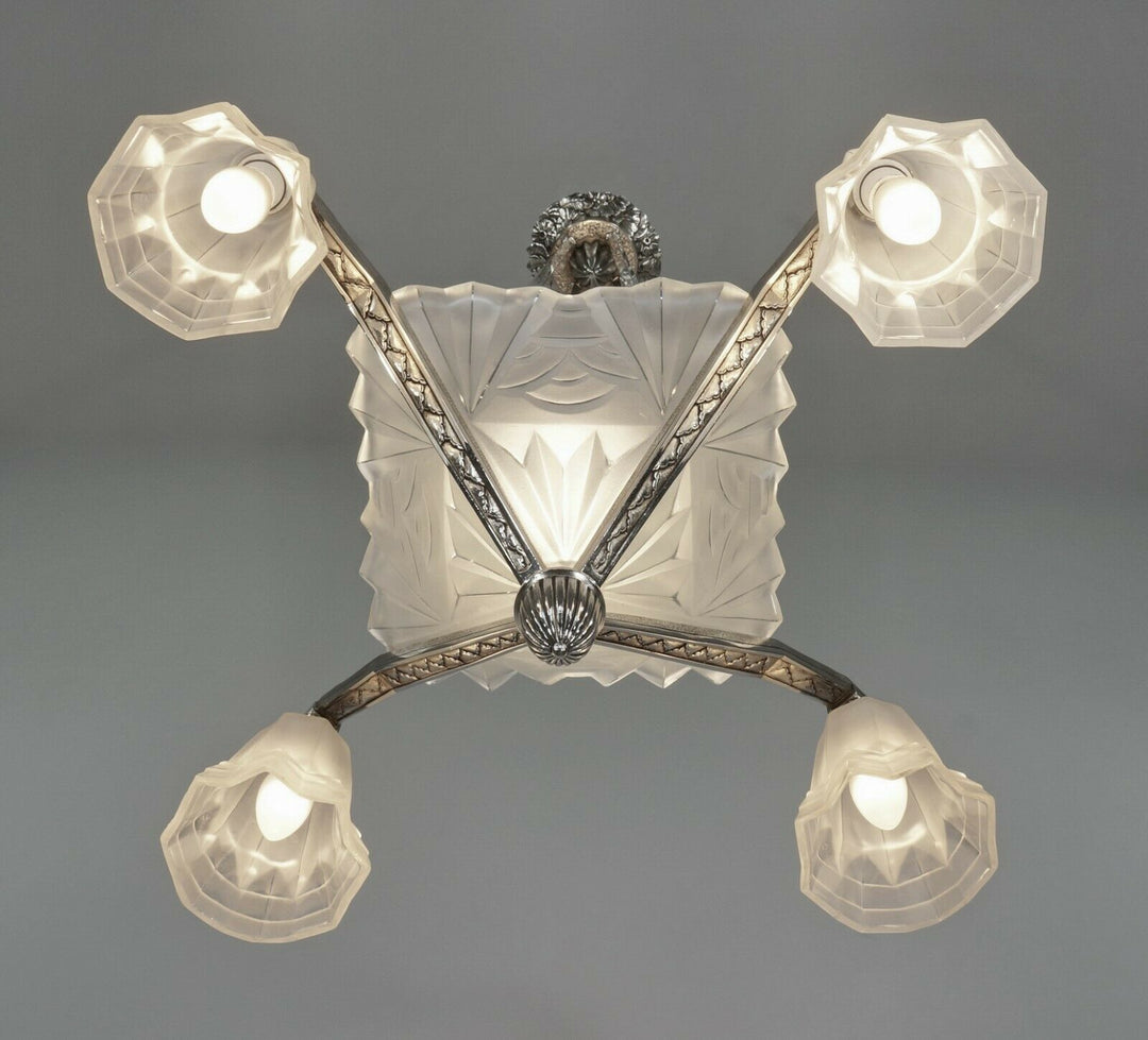 DEGUE: signed FRENCH 1930 ART DECO CHANDELIER ... bronze lustre lamp muller era