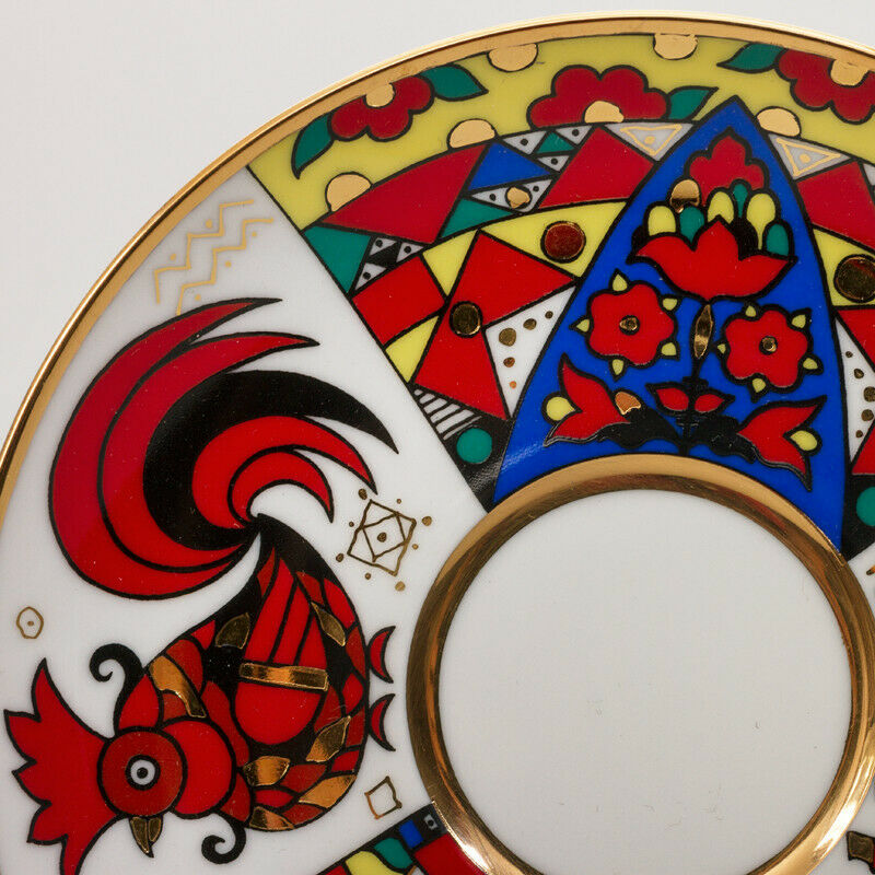 Folk Patterns Teacup & Saucer by Imperial Lomonosov Porcelain Red Rooster Luxury