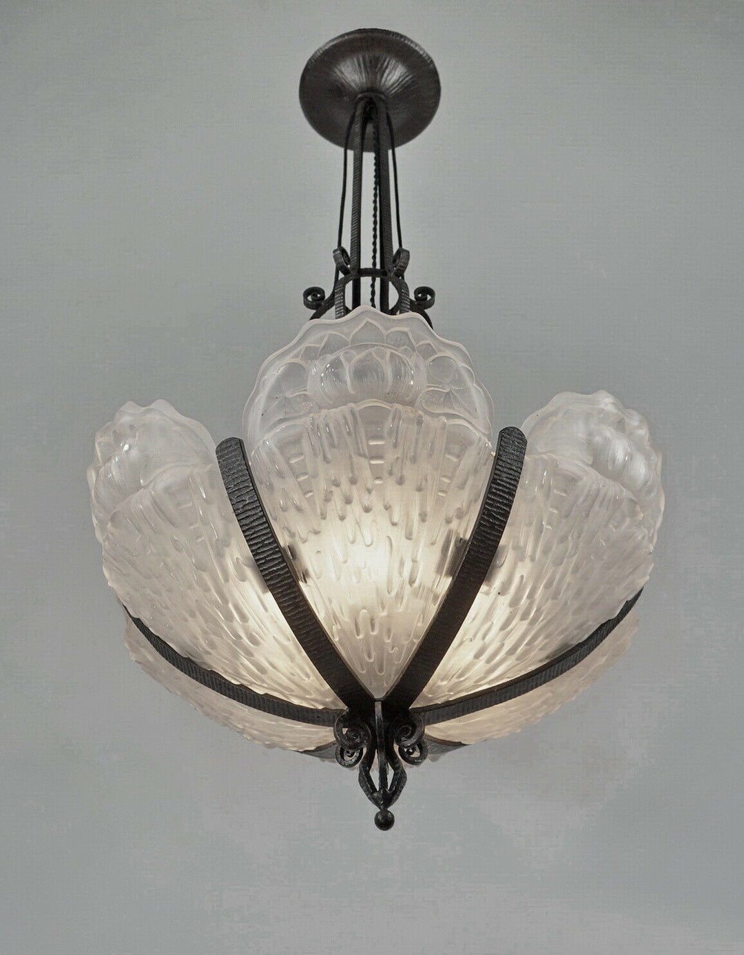 LOUIS RAVAUD : LARGE 1930 FRENCH ART DECO CHANDELIER . wrought iron muller era