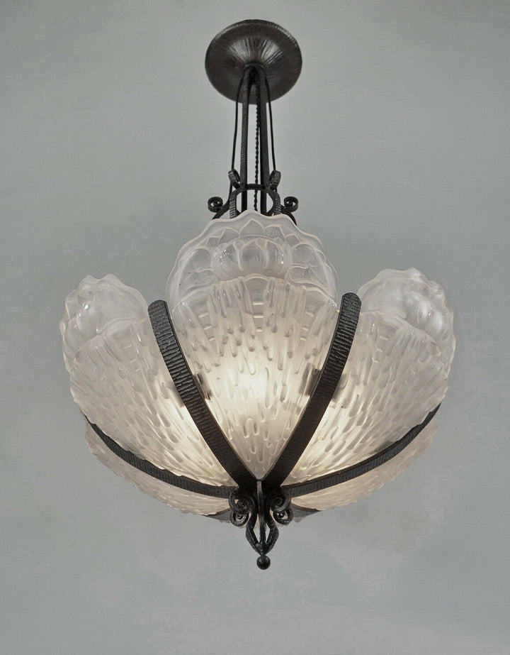 LOUIS RAVAUD : LARGE 1930 FRENCH ART DECO CHANDELIER . wrought iron muller era