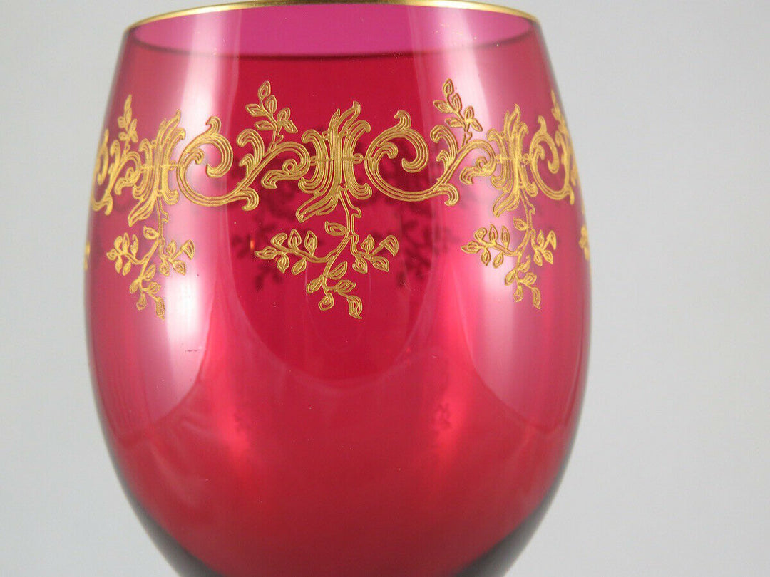 FINE FRENCH Baccarat RUBY GLASS SET OF 6 WINE GOBLET w/ GOLD, Recamier PATTERN