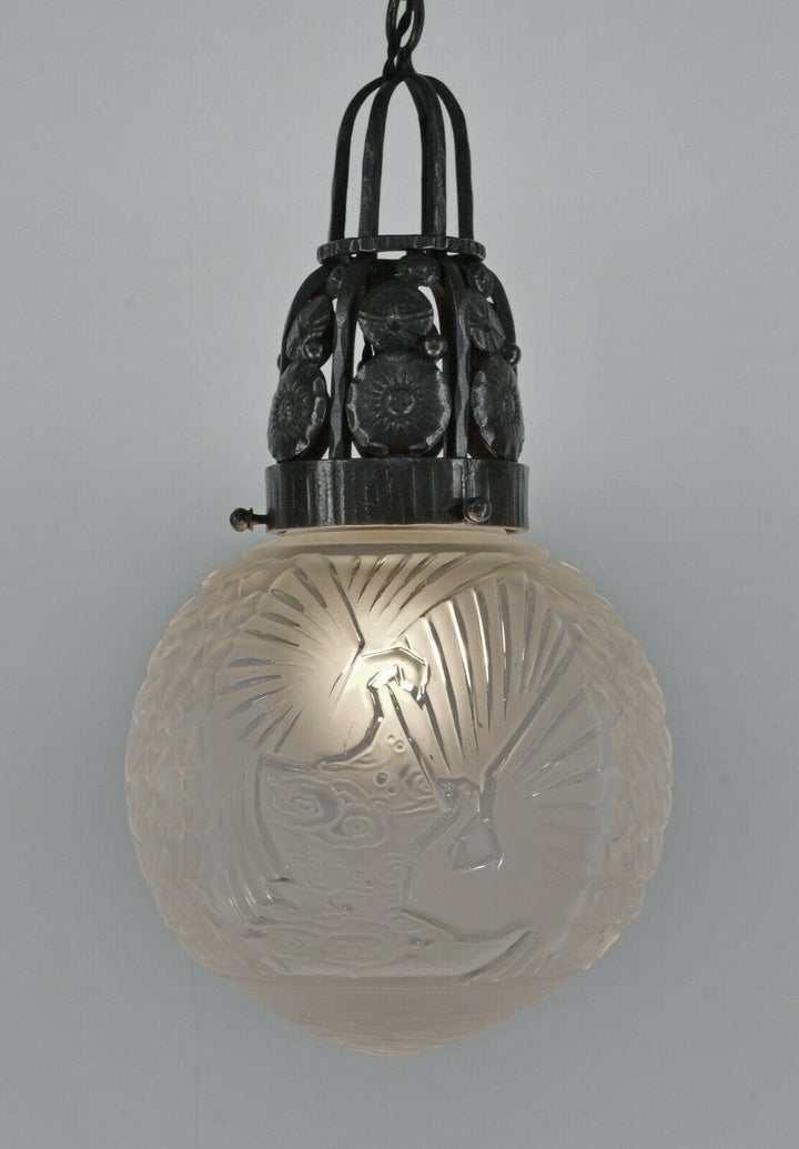 VASSEUR & MULLER FRERES : FRENCH ART DECO PENDANT chandelier 1930 peacock France