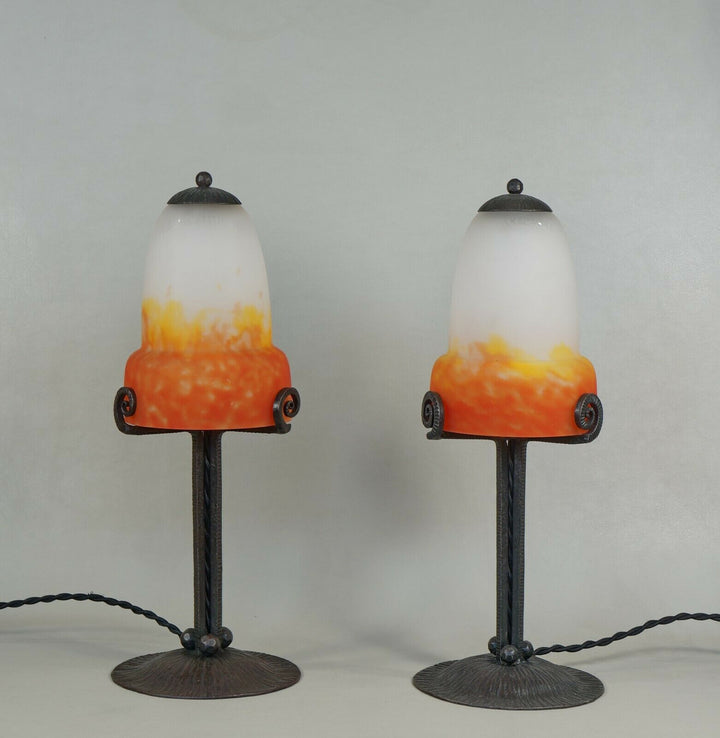 MULLER FRERES : pair of FRENCH 1930 ART DECO LAMPS in wrought iron . lamp France