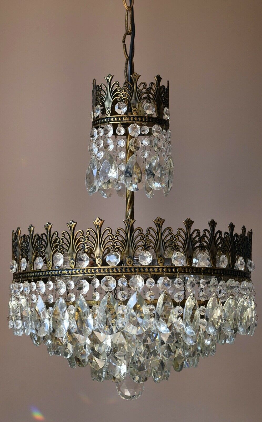 Brass Vintage Crystal Chandelier, Antique Lighting, lamp, Ceiling Light Pendant