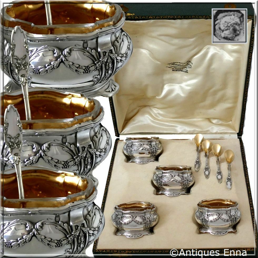 Collet French Sterling Silver 18k Gold Set 4 Salt Cellars, Spoons, Original box