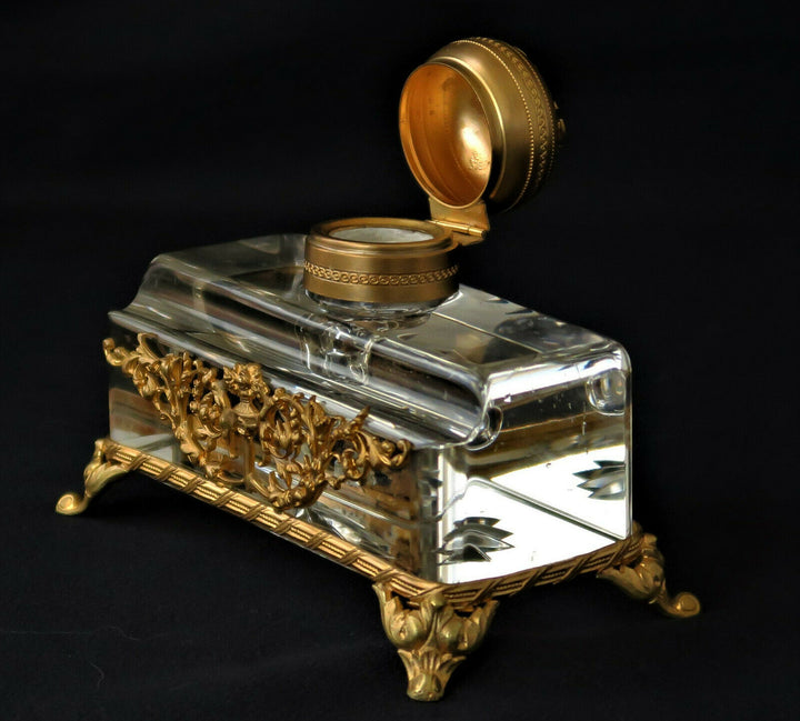 Encrier EMPIRE Bronze Doré Cristal Baccarat Hirondelles Vase Fleuri XIXème