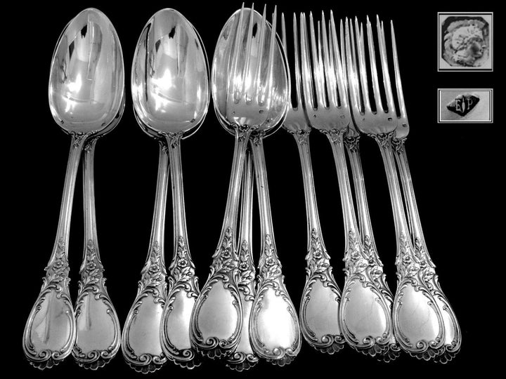 Puiforcat Fabulous French Sterling Silver Dinner Flatware Set 12 pc Roses