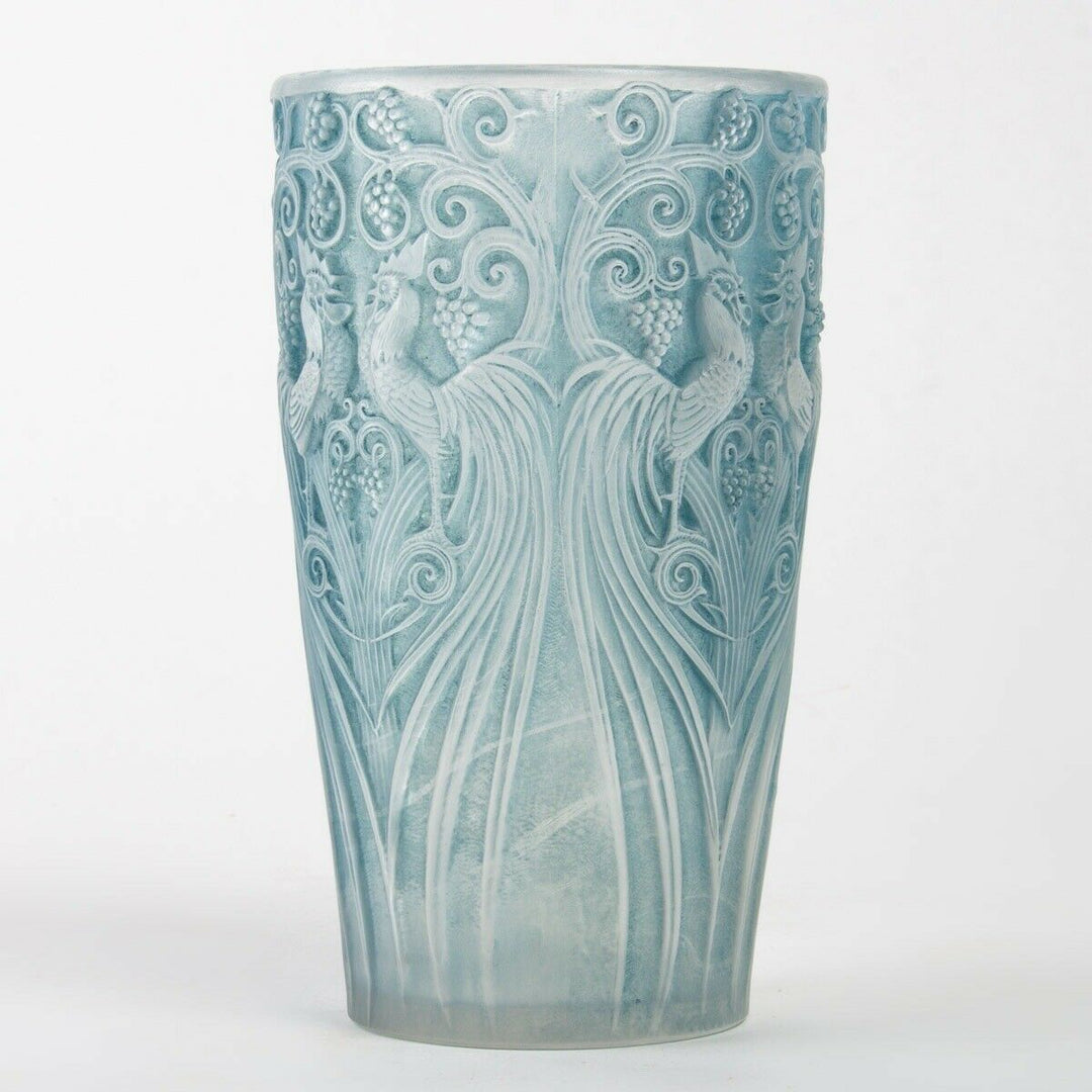 Vase Coqs Et Plumes Verre Patine Bleu René Lalique R.Lalique Blue Stained Glass
