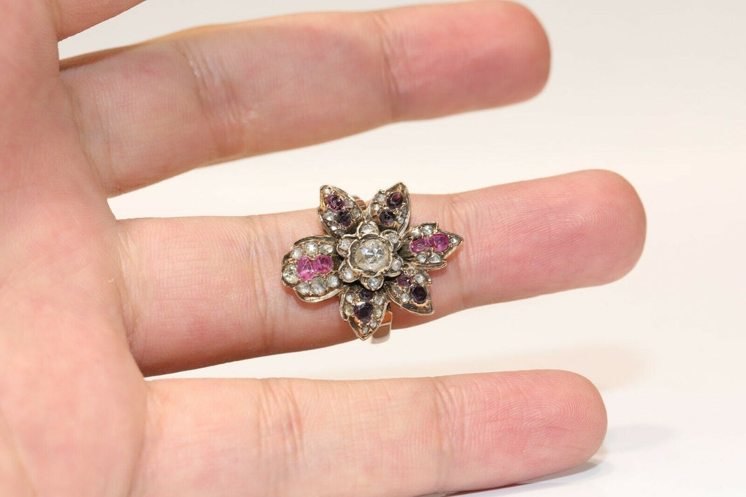アンティーク ヴィクトリアン 14K ナチュラルローズカットダイヤモンド、ルビー、アメシストのリング