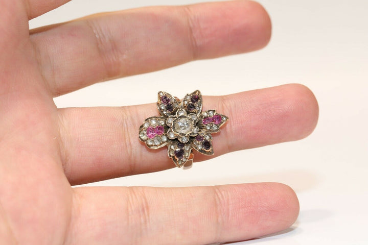 アンティーク ヴィクトリアン 14K ナチュラルローズカットダイヤモンド、ルビー、アメシストのリング