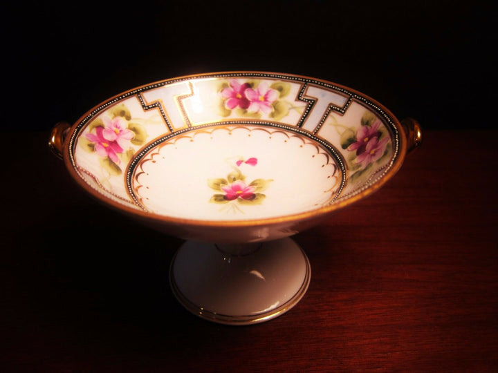 Nippon Hand Painted Moriage Pedestal Bowl Gold Handles 5” Blue Morimura Stamp