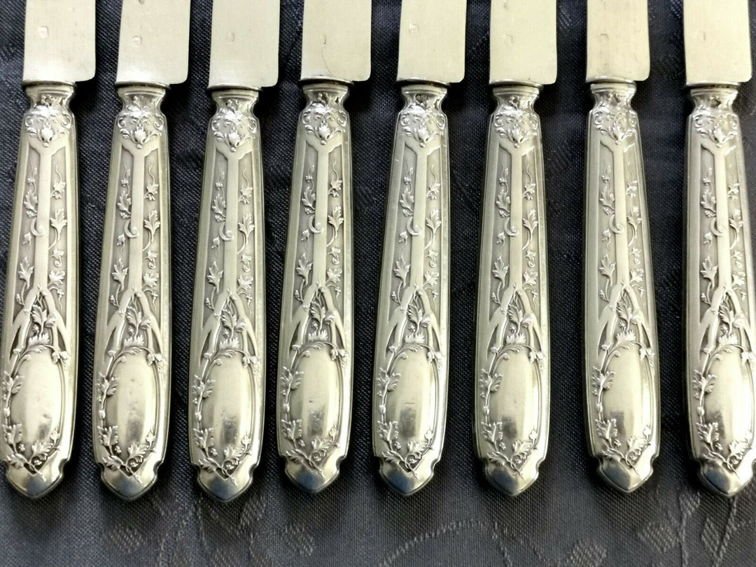 ARGENT MASSIF PUIFORCAT MODERNE FEUILLAGE 8 COUTEAUX LAMES EN ARGENT MASSIF MIN
