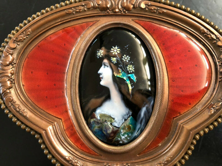 ANTIQUE FRENCH HINGED BRONZE BOX WITH LIMOGE HAND PAINTED ENAMEL