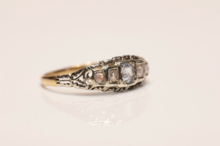 アンティーク 18K ナチュラルローズカットダイヤモンドとアクアマリンのリング