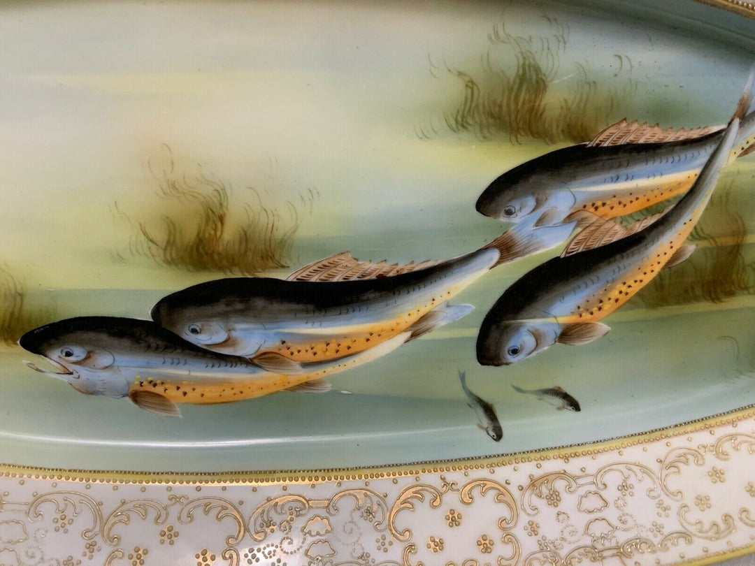 Nippon FISH PLATTER Hand Painted Morimura Bros 23" Gold Beaded Rim Antique Oval