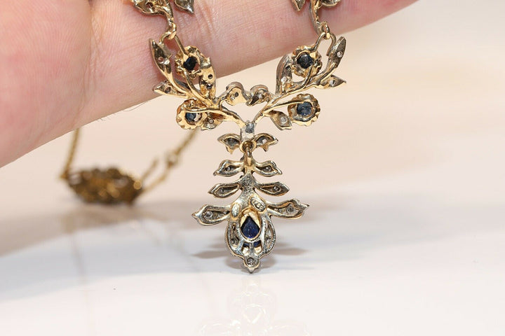 ヴィンテージ 18K ゴールド、シルバー、ローズカットダイヤモンド、サファイアのネックレス