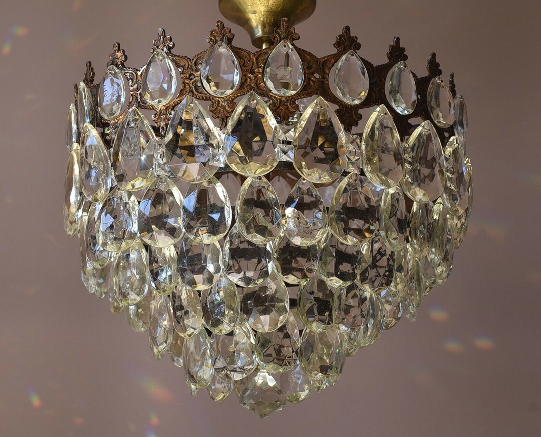 Flush Antique / Vintage Crystal Chandelier, Low Ceiling Chandelier, 1950's lamp