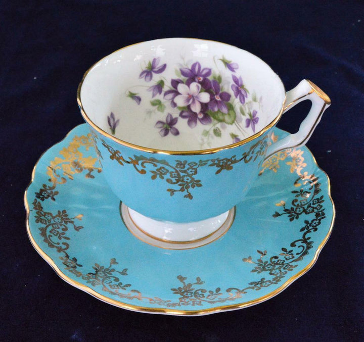 60s AYNSLEY Bone China England Blue Gold Scrolls VIOLETS #2917 Set Cup & Saucer