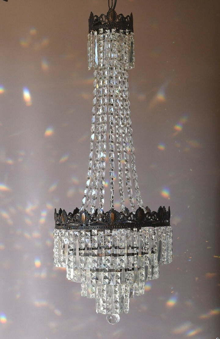 Tall French Empire Purse Crystal Chandelier Antique Vintage Light Pendant Lamp