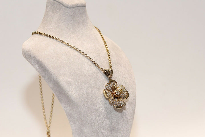 ビンテージ オリジナル 18K ゴールド 天然ダイヤモンド 装飾フラワーネックレス