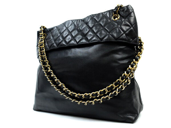 AUTH CHANEL BLACK CLASSIC LAMBSKIN TOTE SHOULDER BAG