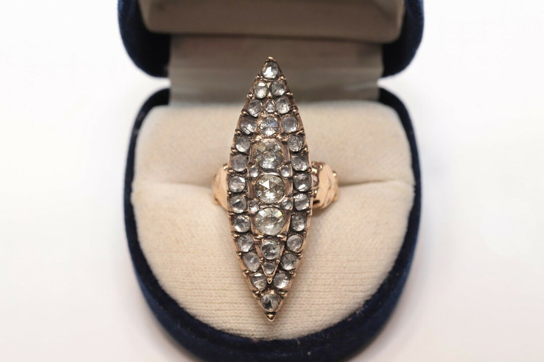9K ナチュラルローズカットダイヤモンドのナヴェットスタイルリング