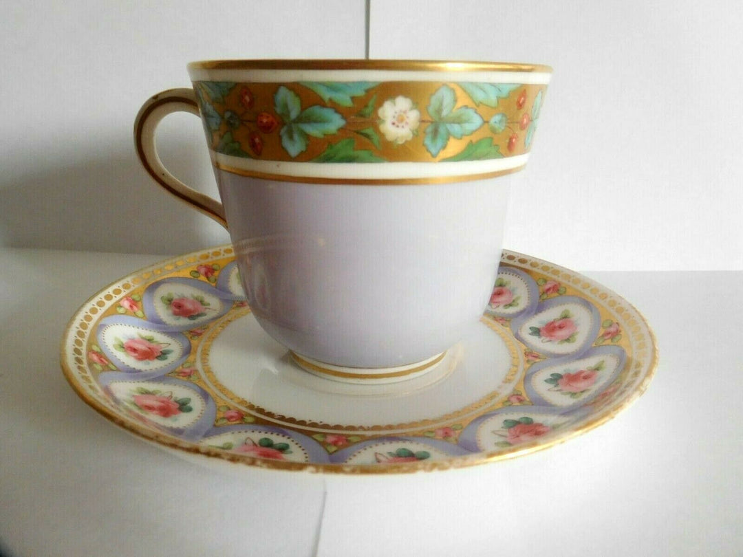 MISMATCHED ANTIQUE (1866) PURPLE MINTON ENAMELLED ROSE STRAWBERRY CUP AND SAUCER